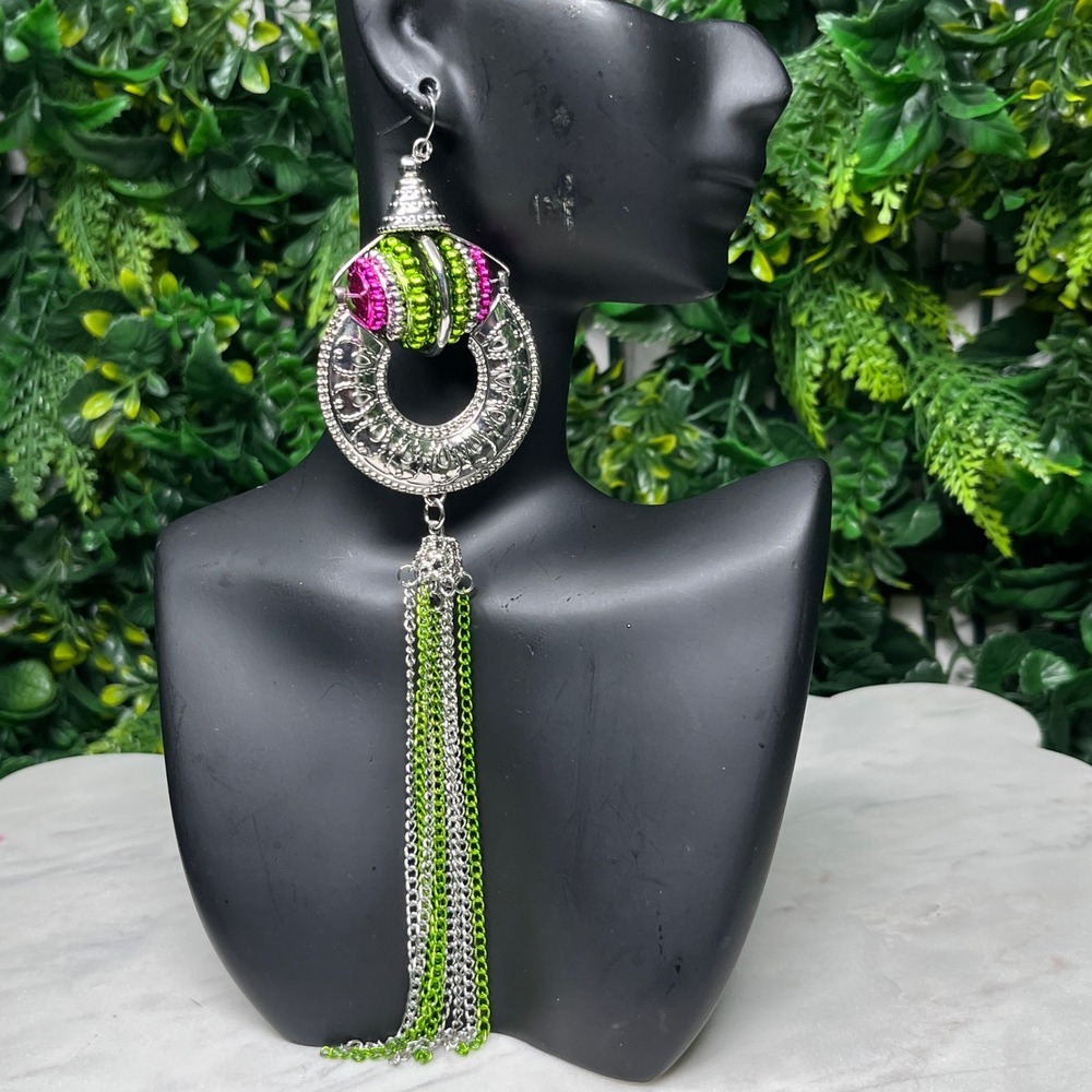Bohemian Silver Tone Earrings Beaded Tassel Drop Green Magenta Duster 4122